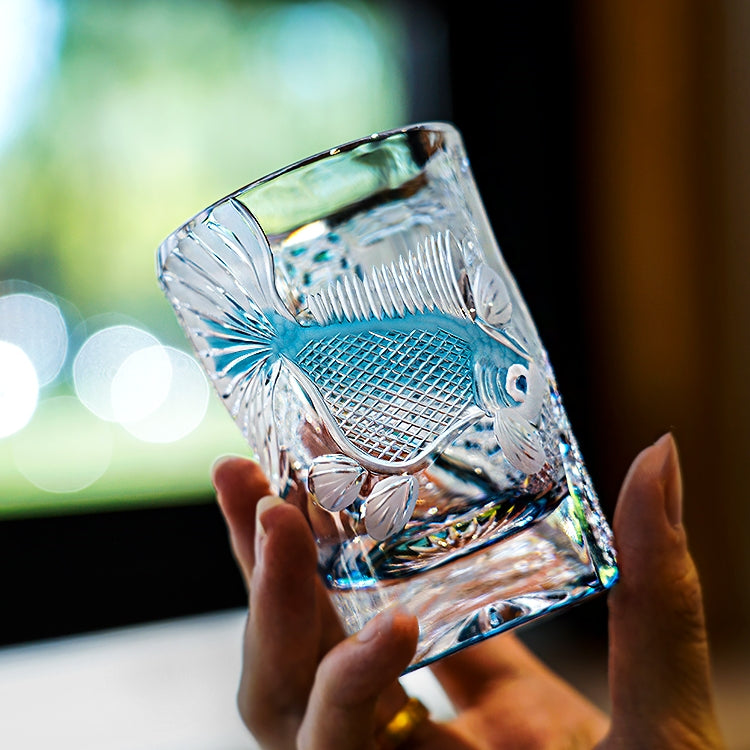 Edo Kiriko Handcrafted Azure Koi Whisky Glass With Wooden Box- MASU