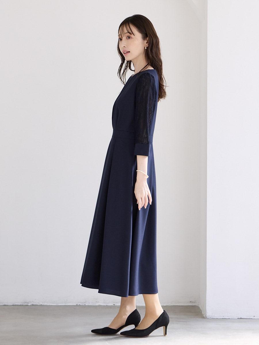 レース袖×ウエストタックフィット＆フレアワンピース(M ベージュ