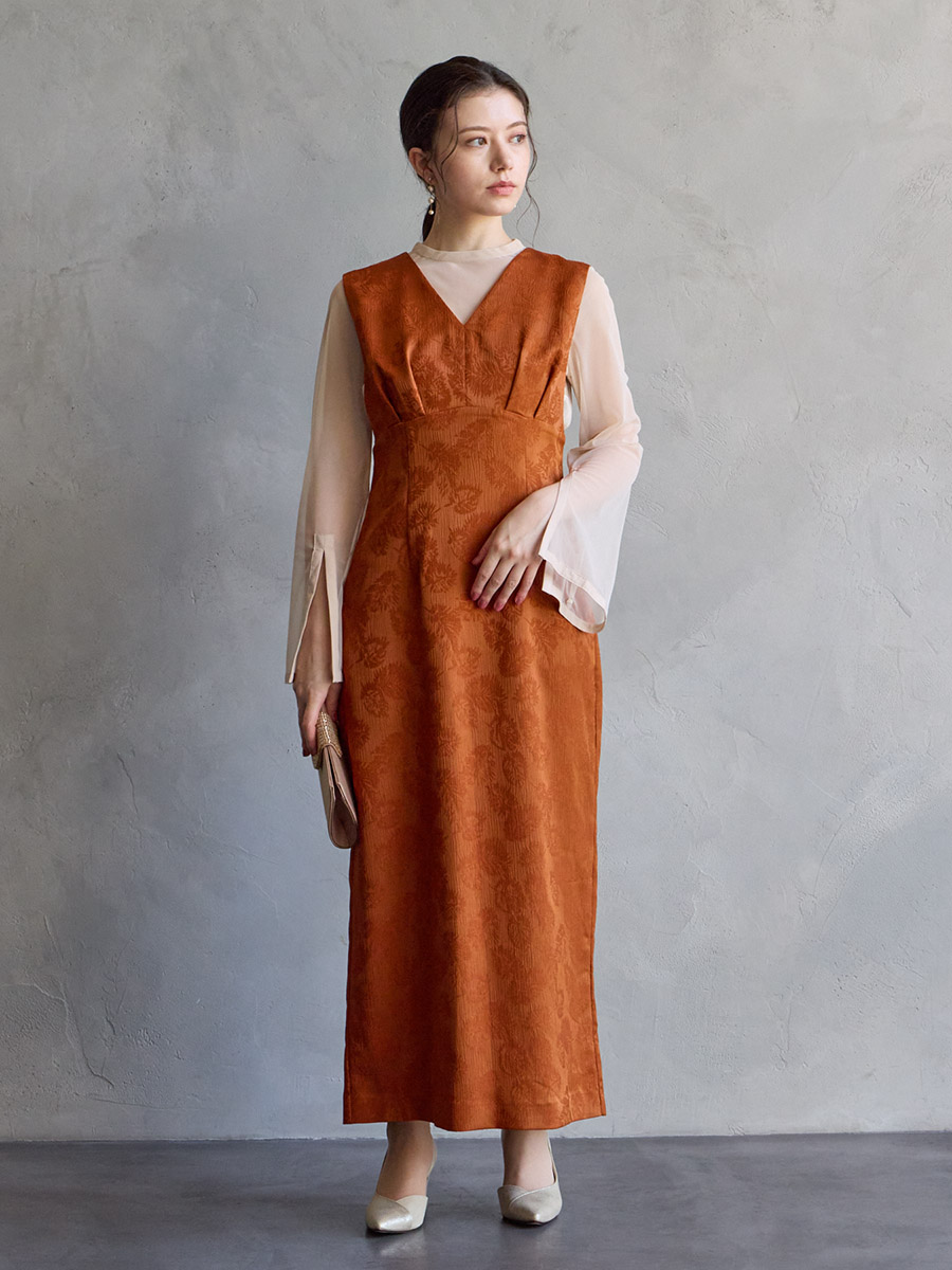 チュールブラウス付きジャカードIラインドレス(S イエローベージュ