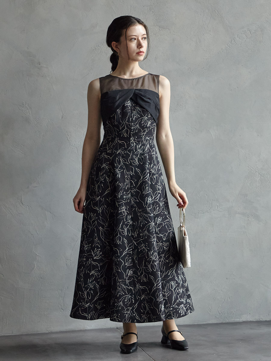 試着キャンペーン対象】配色花柄プリントフィット＆フレアドレス (M