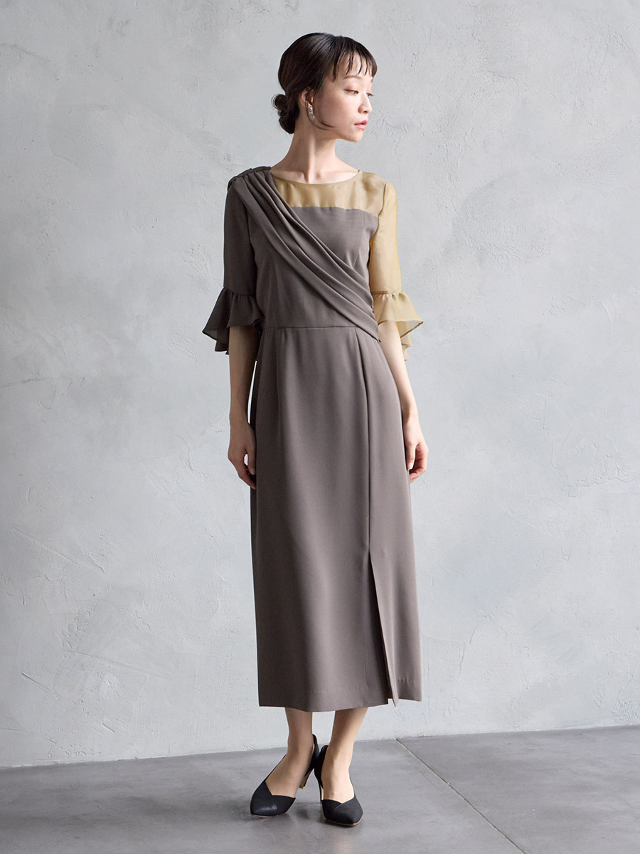 WEB/Aimer Acret店限定】アシンメトリー袖付きIラインドレス(M レンガ