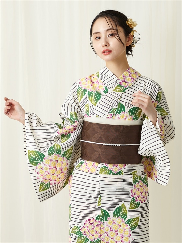 残りわずか】浴衣単品「あじさいボーダー」～Natural Furifu