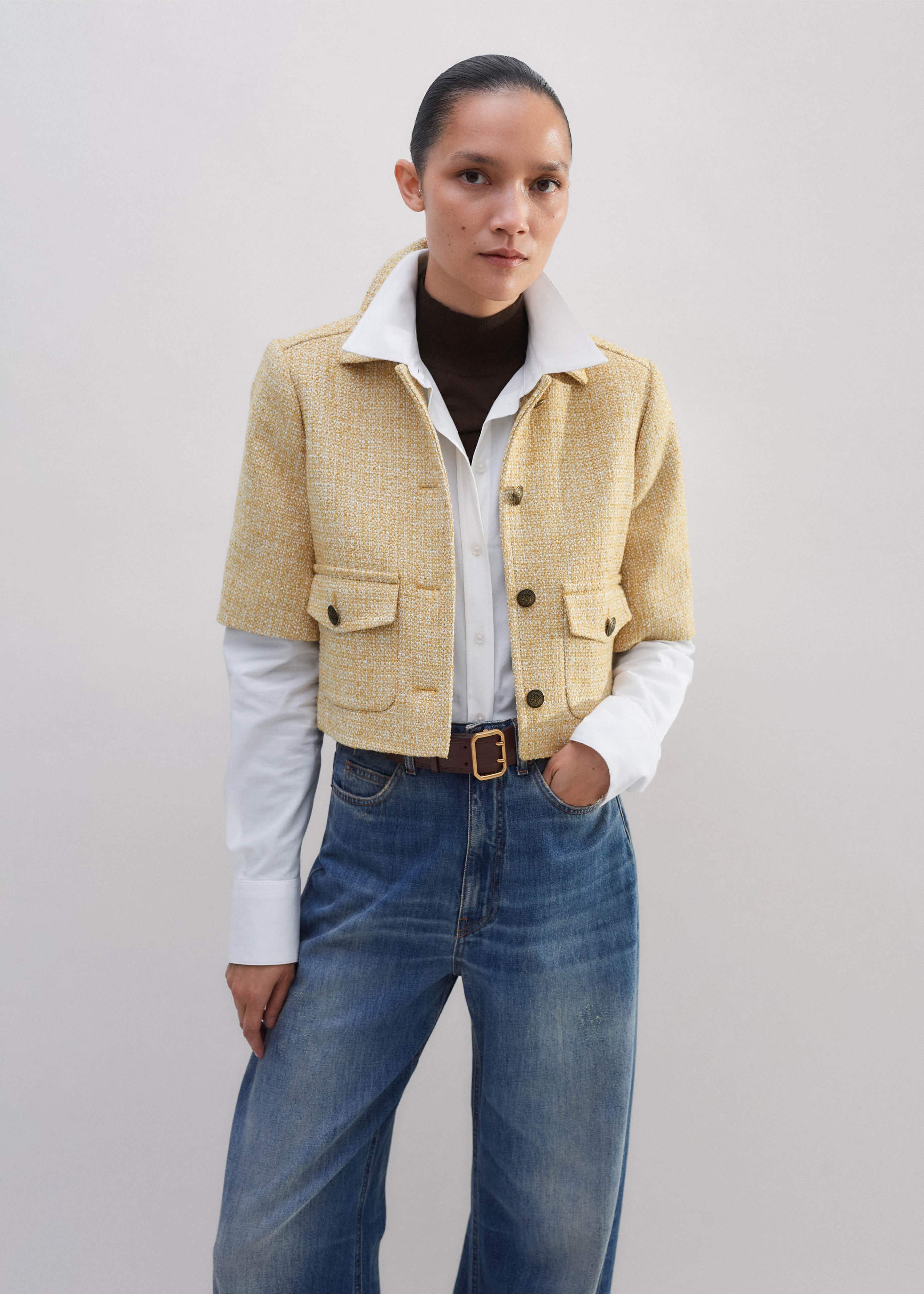 Women's Ochre Tweed Short Sleeve Crop Jacket | ME+EM