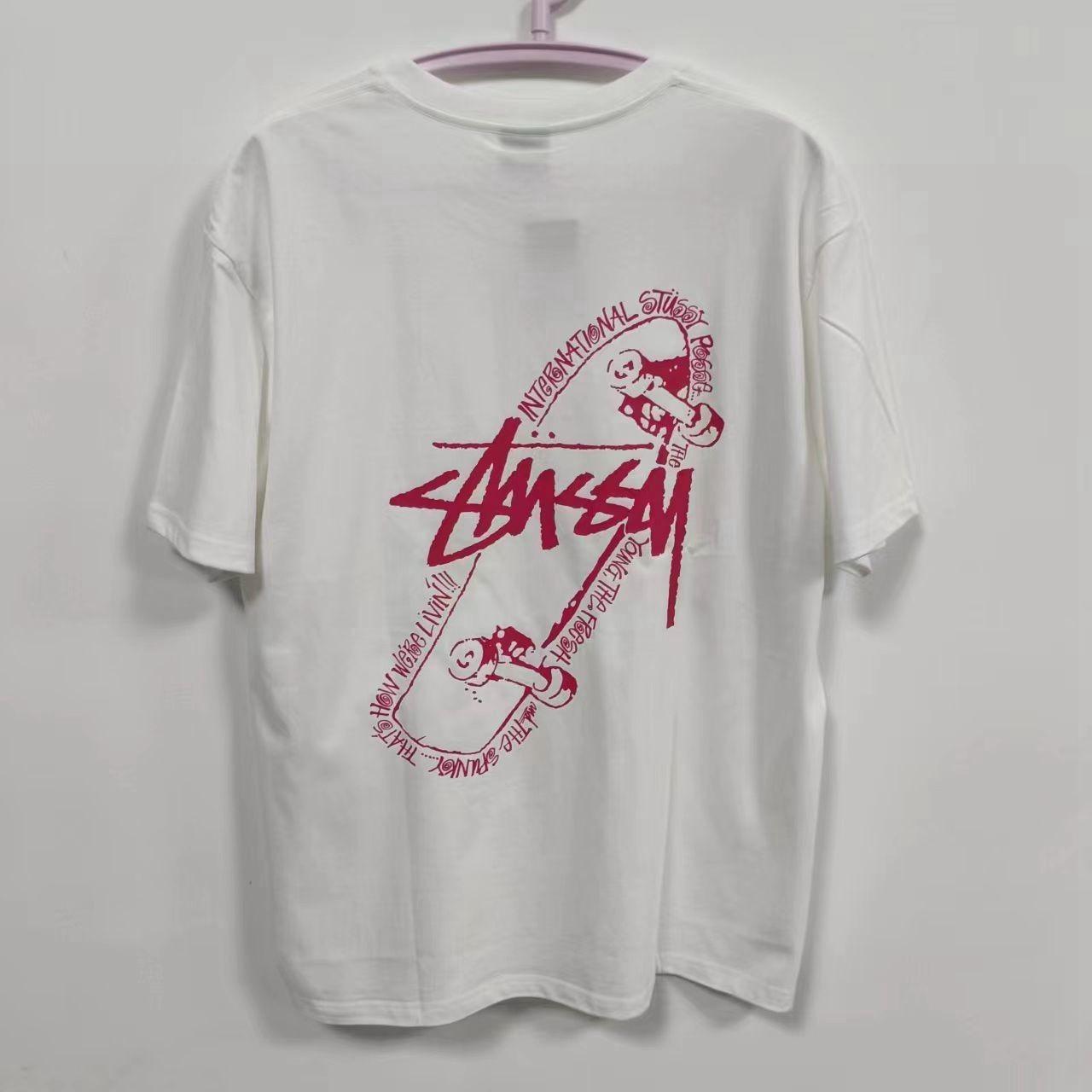 Stussy Men's White T-Shirt Pink Skateboarding Hip | Depop