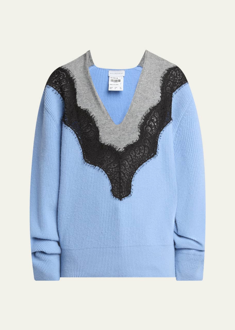 Stella McCartney Colorblock Lace Insert V-Neck Ribbed Wool Sweater