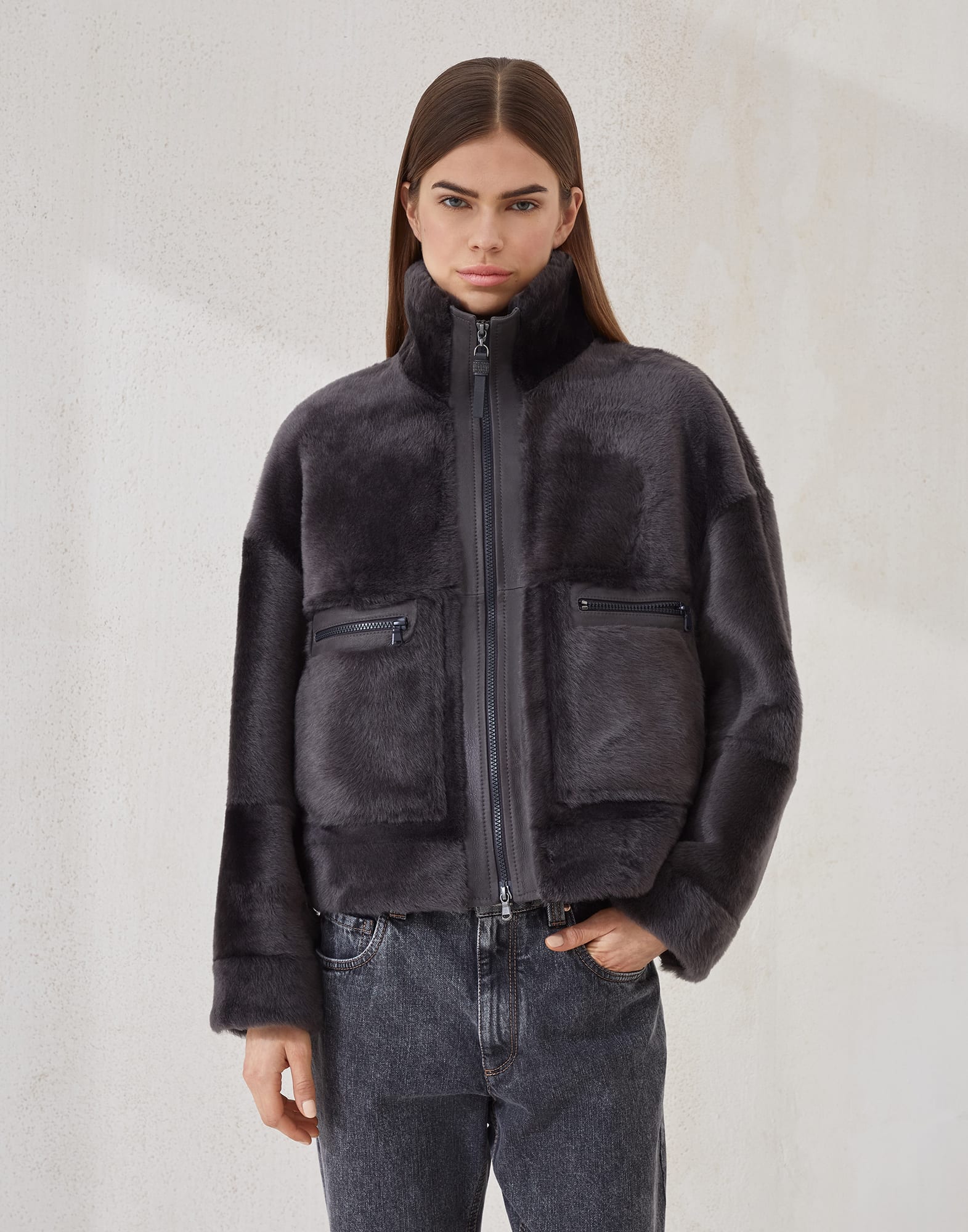 Shearling outerwear for Woman in Charcoal | Brunello Cucinelli