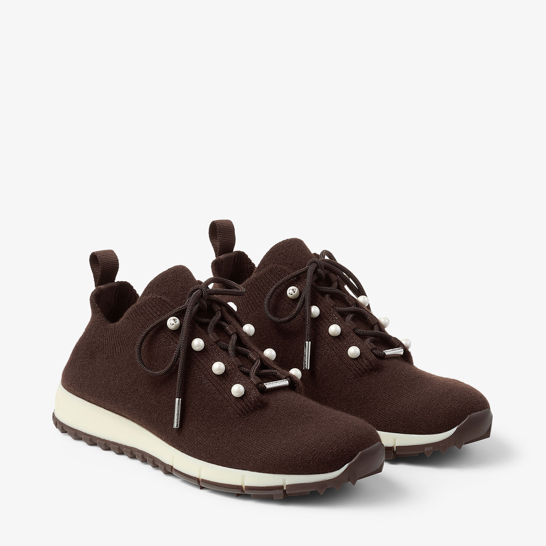 Veles | Chocolate Cashmere Melange Knit Trainers with Pearl