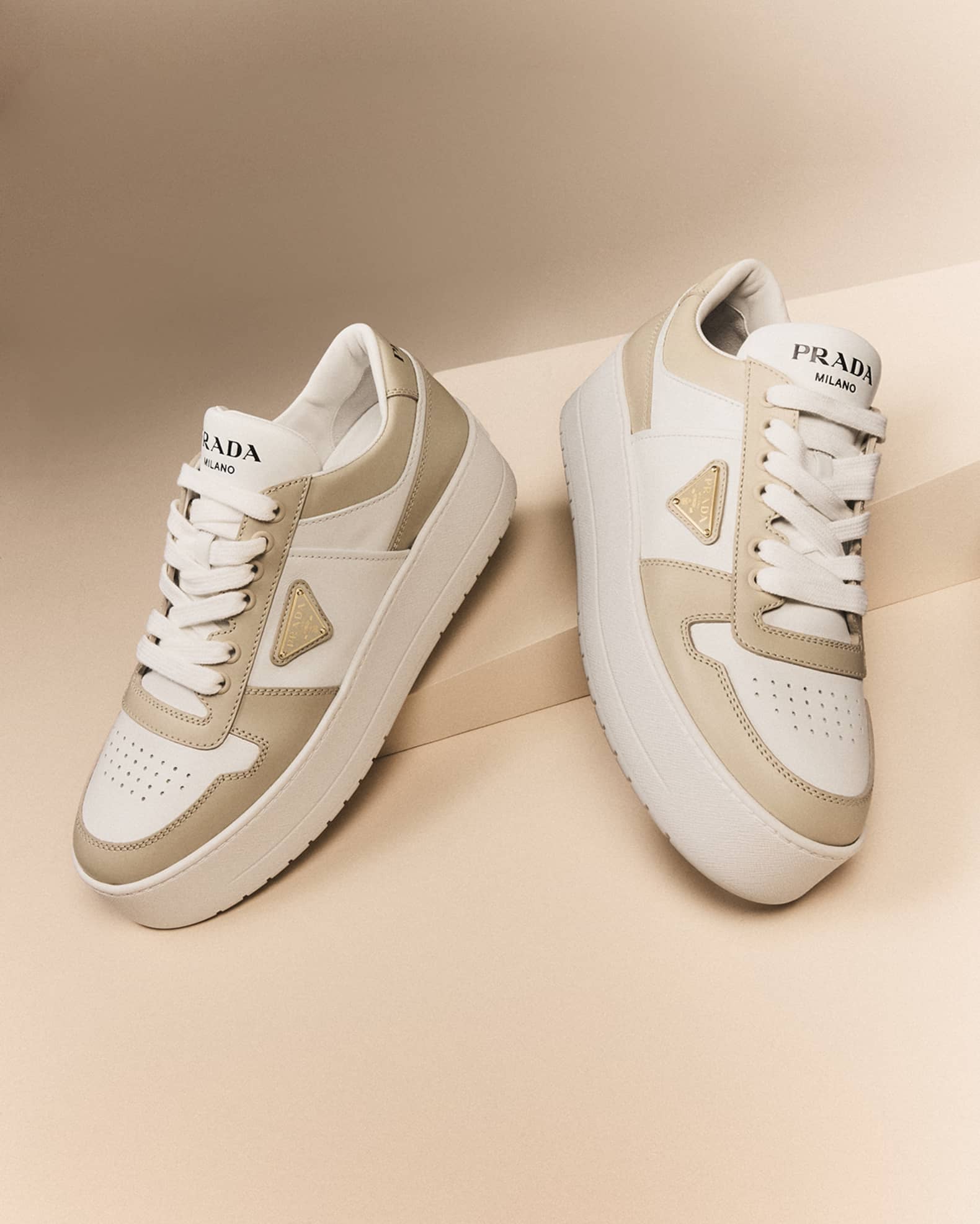 Prada Downtown Bicolor Leather Low-Top Sneakers | Neiman Marcus