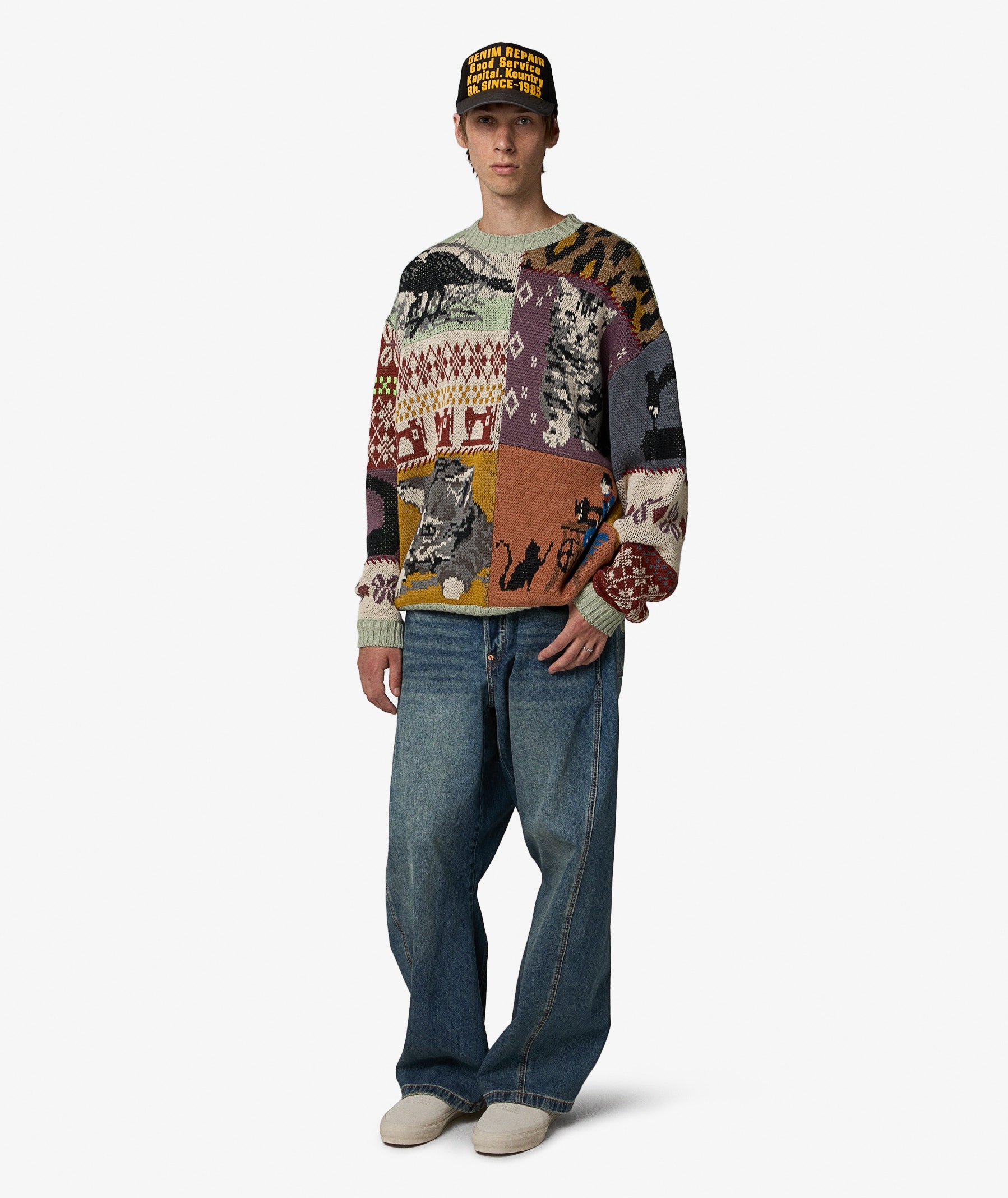 KAPITAL 5G Cotton Knit Patchwork Big Crew Sweater | Mint | SVD USA