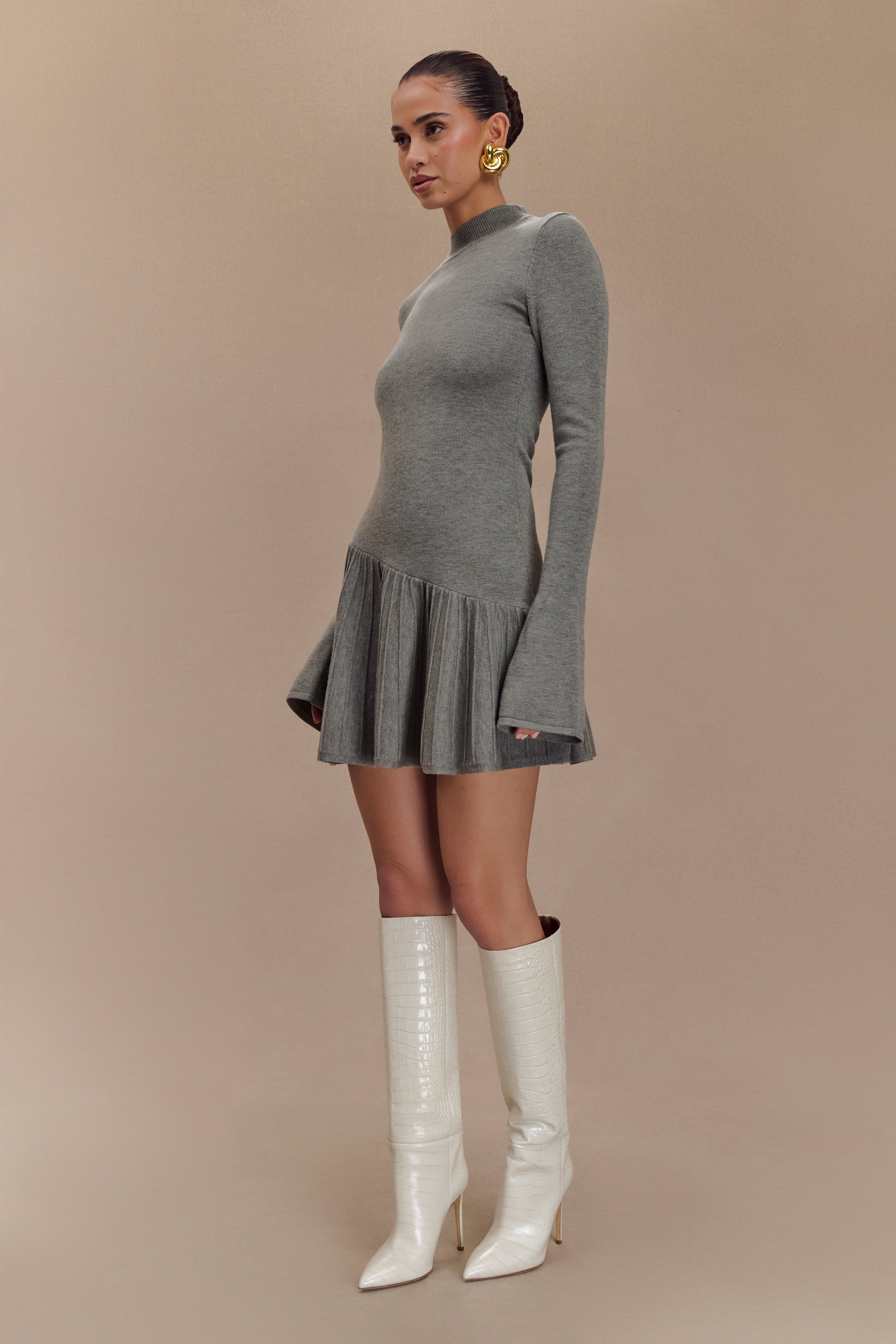 Blair Knit Mini Dress With Pleats - Charcoal | MESHKI UK