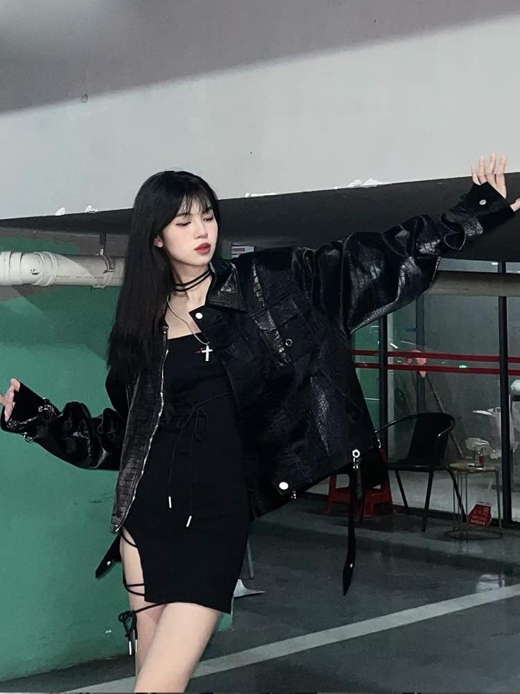 Aoleaky Short Black Faux Leather Jacket for Spring,Shiny Crocodile