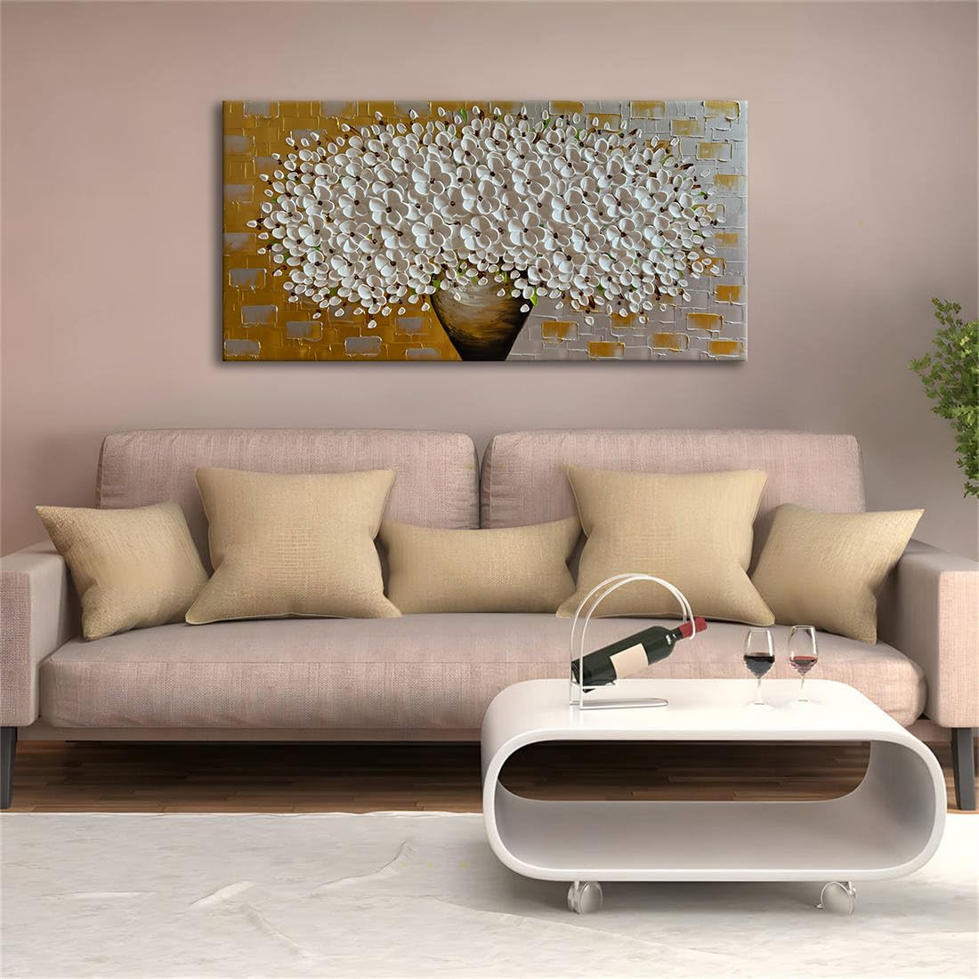 Amazon｜zoinart 3Dモダン油絵 キャンバス抽象画 白い花 キャンバス