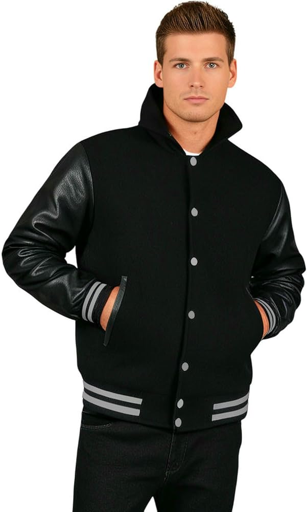 Men's Varsity Jacket Genuine Leather Sleeve and Wool Blend