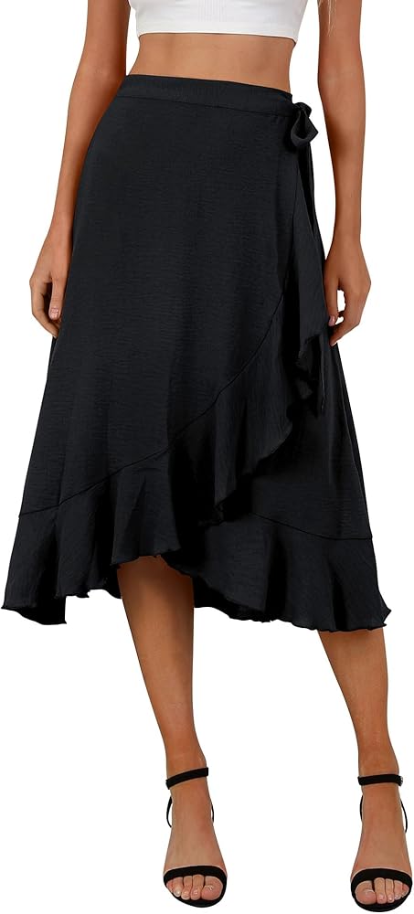 FEMLE Women's Elegant Ruffle Wrap Asymmetrical Tie High Waist Long