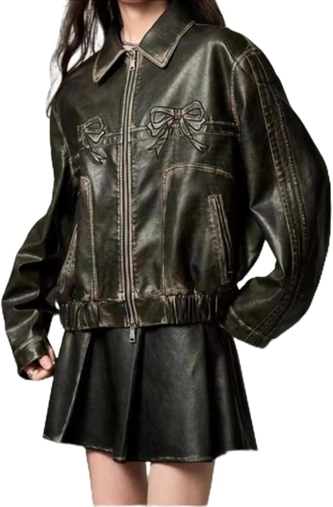 Hesaco Y2k Leather Jacket Bowknot Bowtie Graphic Motorcycle Jacket