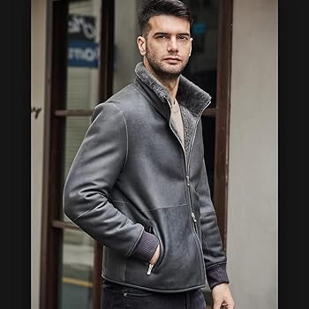 Denny&Dora Mens Shearling Jacket Stand Collar Grey Leather Jacket