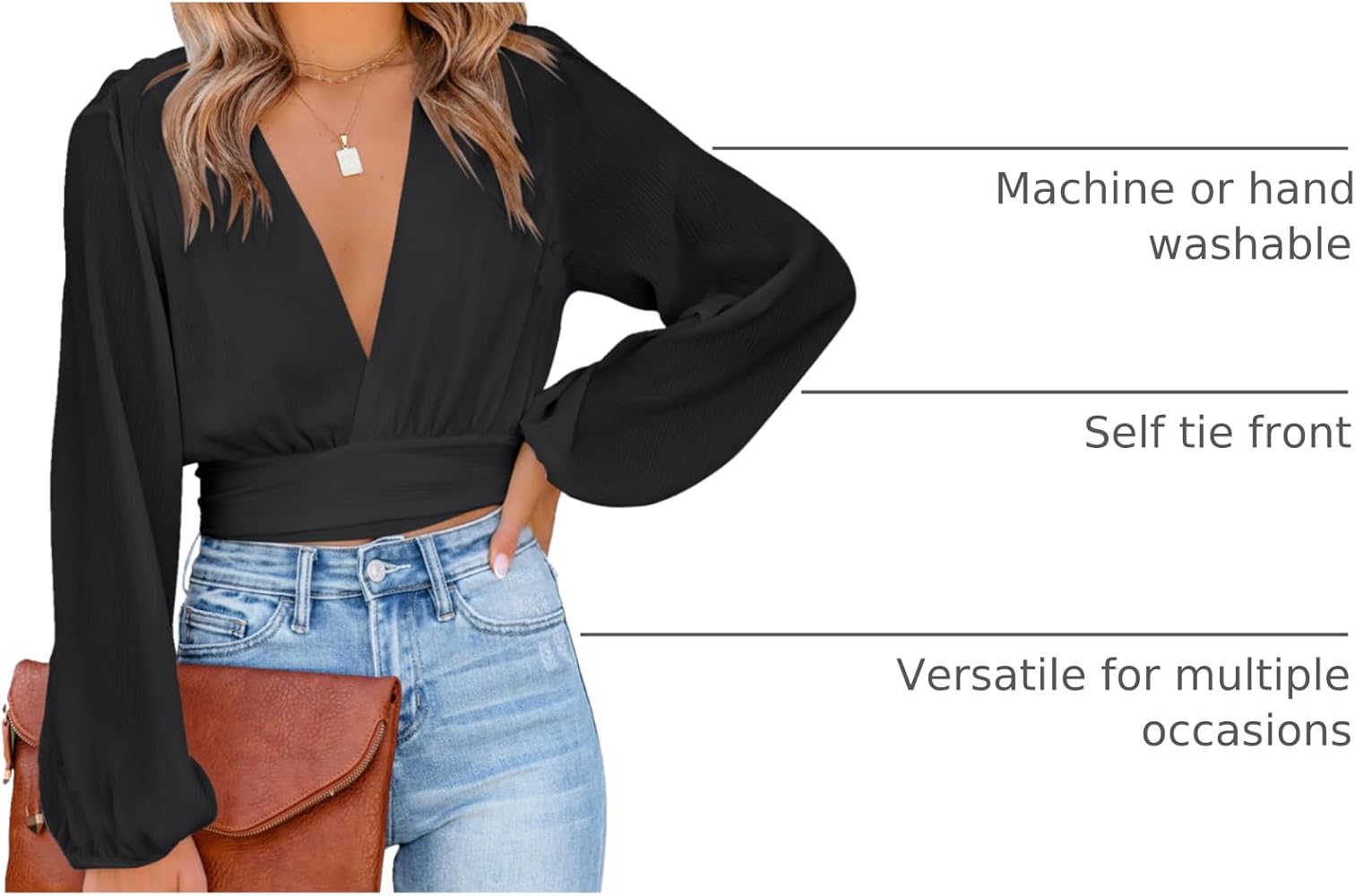 LYANER Women's Deep V Neck Tie Front Knot Long Sleeve Sexy Wrap