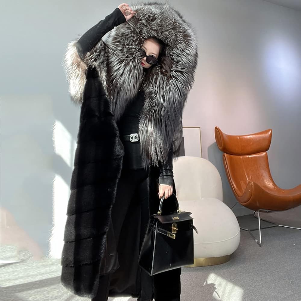 Denny&Dora Women's Mink Fur Coat Elegant Long Coat Women With Big