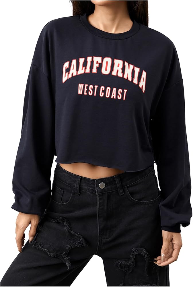 SweatyRocks Women's Casual Long Sleeve Crew Neck Letter Print Crop