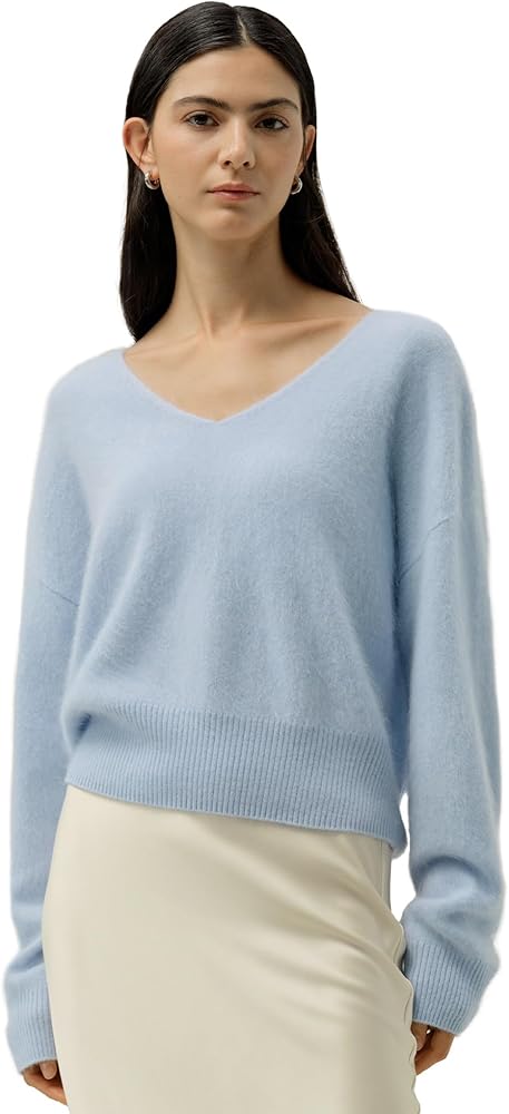 LilySilk Cropped V-Neck 100% Cashmere Sweater for Women Cinched