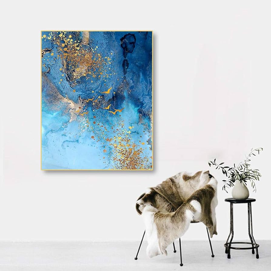 Amazon.co.jp: 抽象壁アートパネルキャンバス絵画インテリア金青