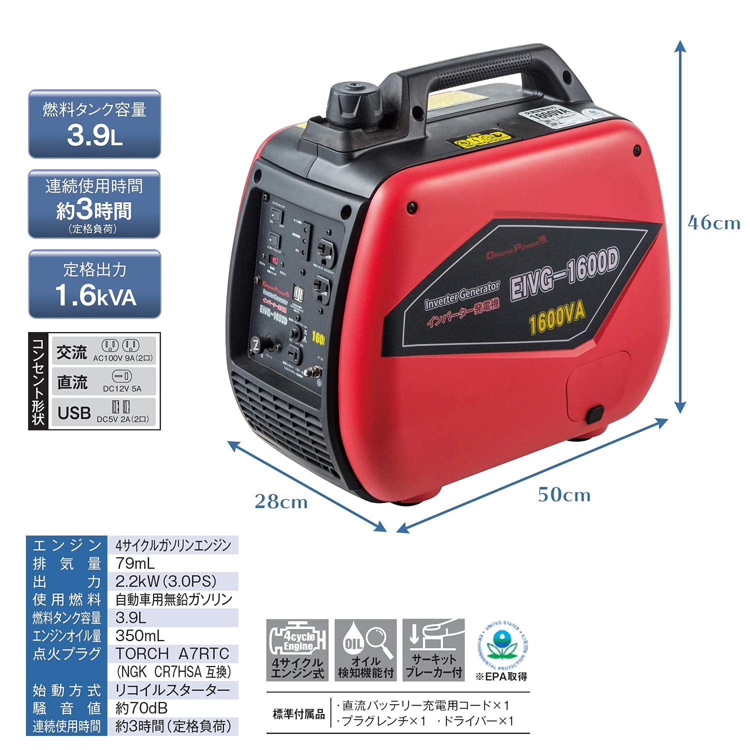 Amazon | [ナカトミ] インバーター発電機 定格出力1.6kVA 正弦波 50Hz