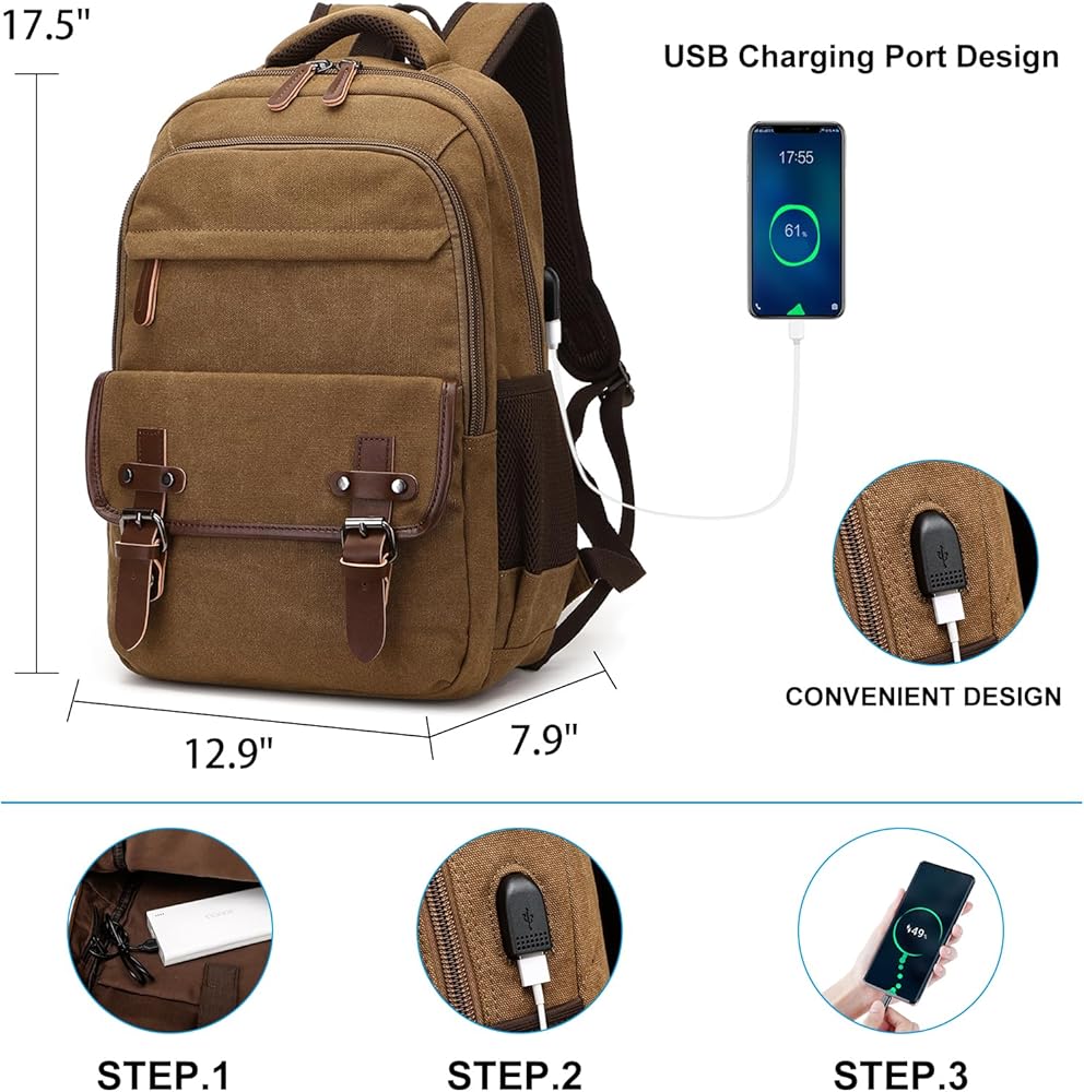 Amazon.com: Canvas Laptop Backpack with USB Charging Port, Vintage