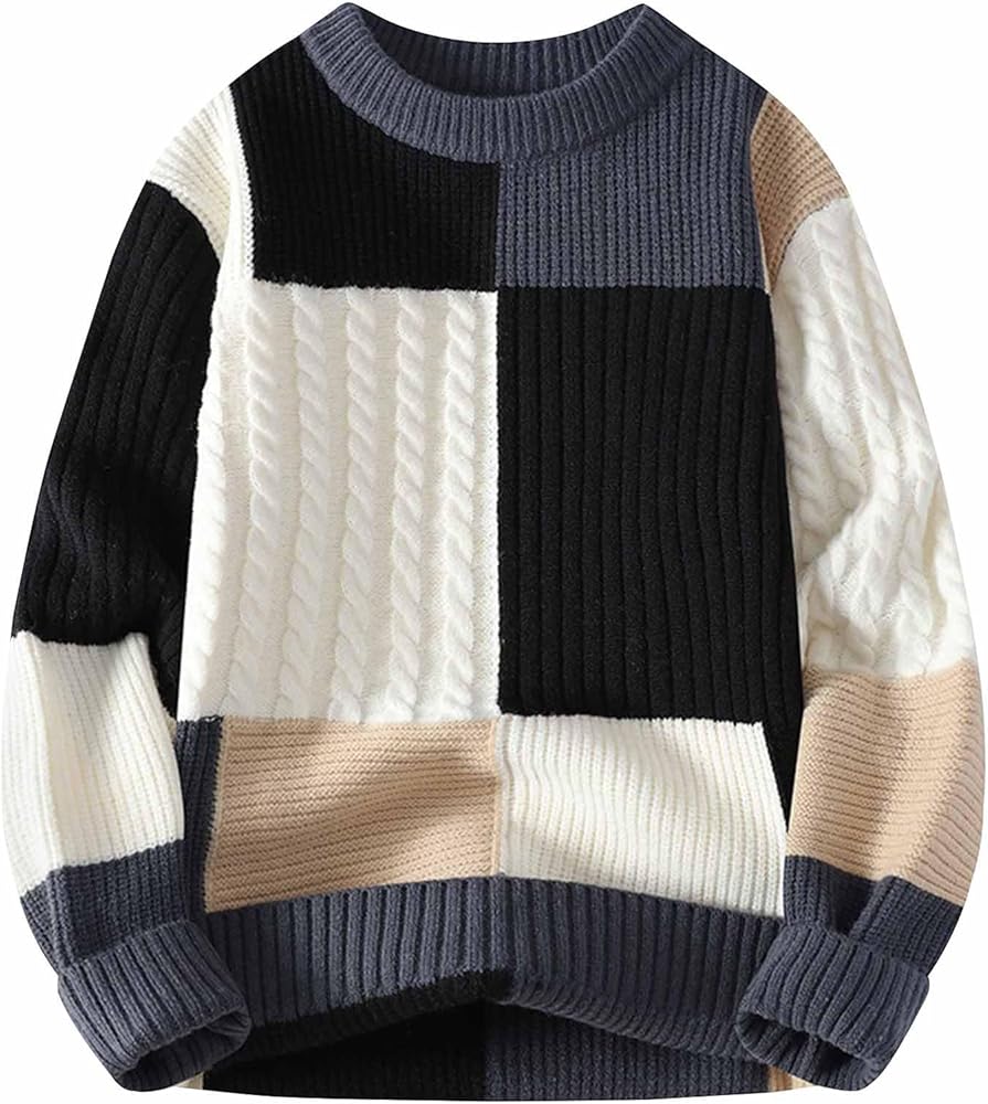 Cambkatl Men's Color Block Cable Knitted Sweaters, Cozy Winter