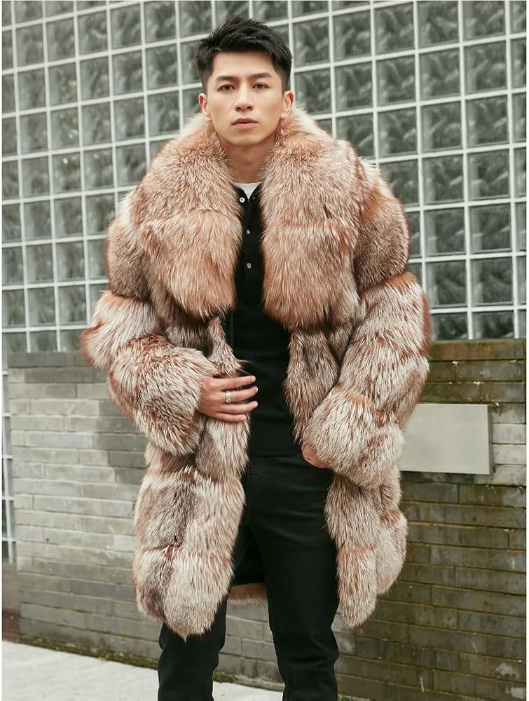 Denny&Dora Men's Fox Fur Jacket Reddish Brown Overcoat Mid-Length