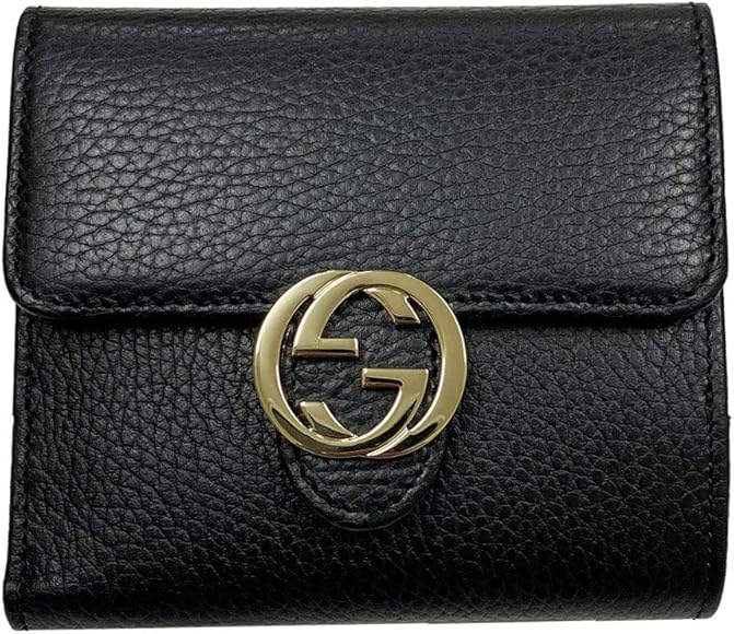 グッチ折り財布レザーブラック金属インターロッキングフラップ