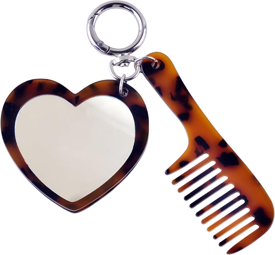 Leopard Print French Hair Comb and Heart Mirror Charms for