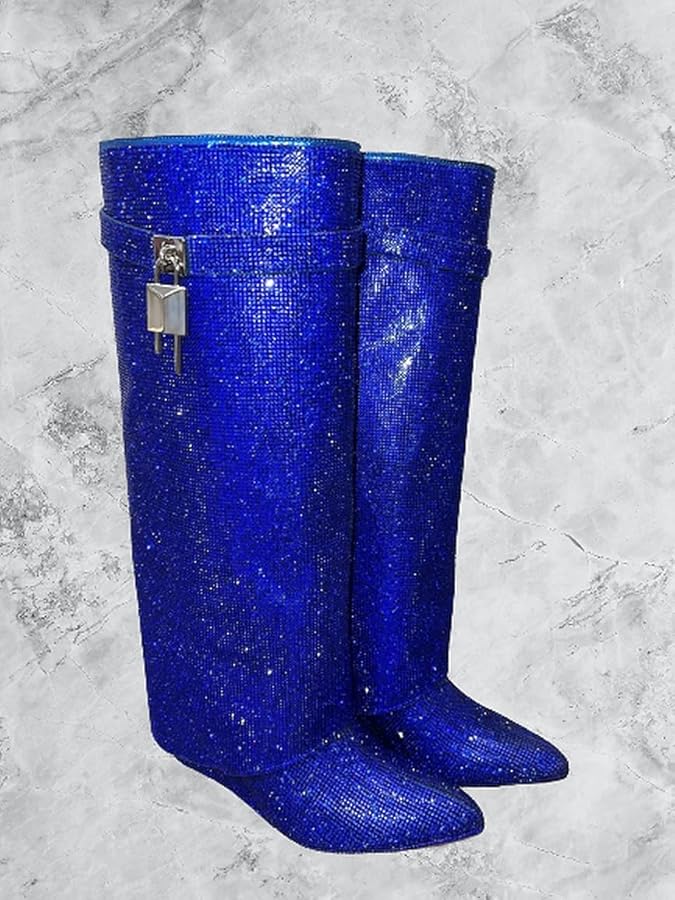 Amazon.com | Liliana Women Rhinestone boots Fold over boots Knee