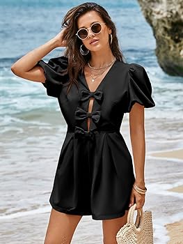 Amazon.com: Cicy Bell Womens Cute Rompers Bow Front Puff Sleeve V