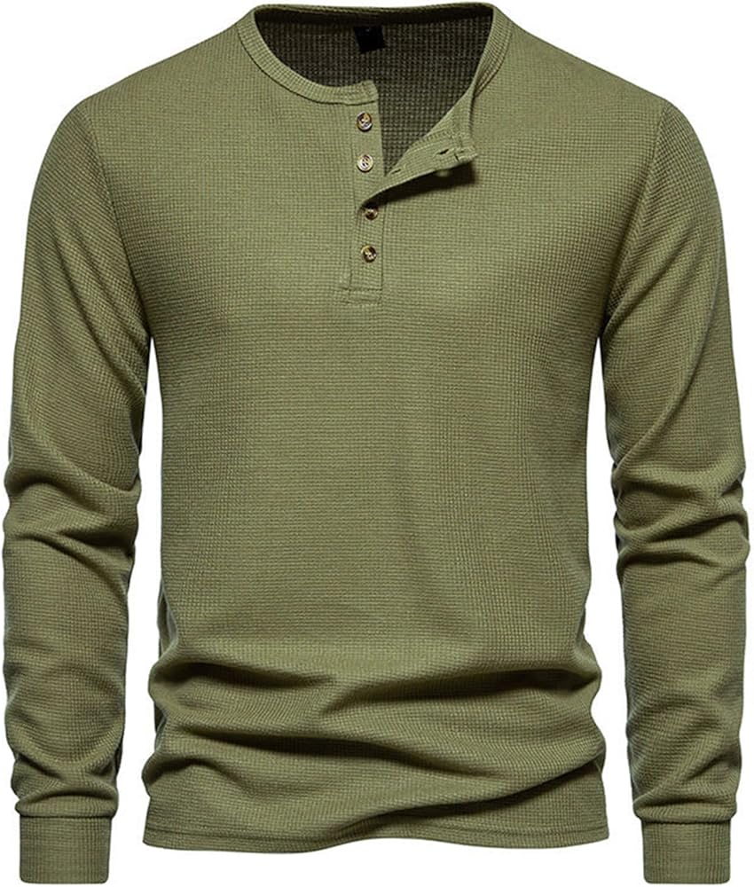 Men's Casual Crew Neck Shirts Long Sleeve 4 Button T Shirt Waffle