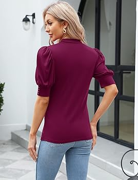 Qirno Womens Mock Neck Puff Long Sleeve Tops Casual Loose Solid