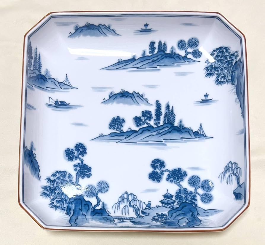 Amazon.co.jp: 前畑陶器 庫山窯 染付山水絵 角大皿 盛皿 直径26センチ