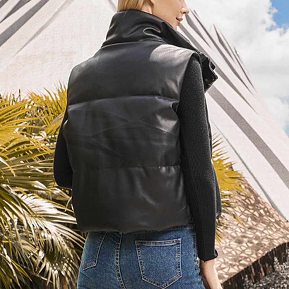 Women's Winter Faux Leather Crop Vest Sleeveless Quilted