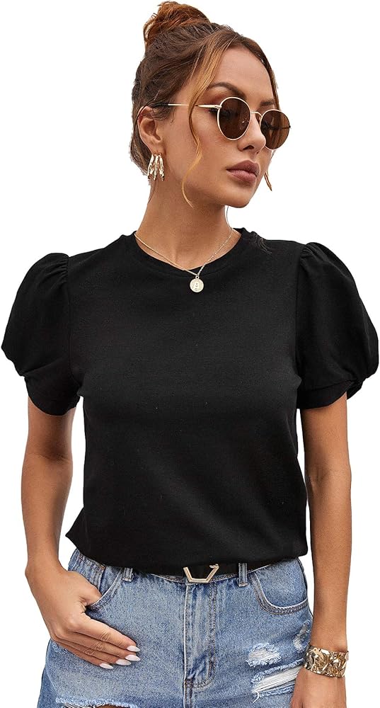 SweatyRocks Women's Summer Short Puff Sleeve Tee Top Round Neck T