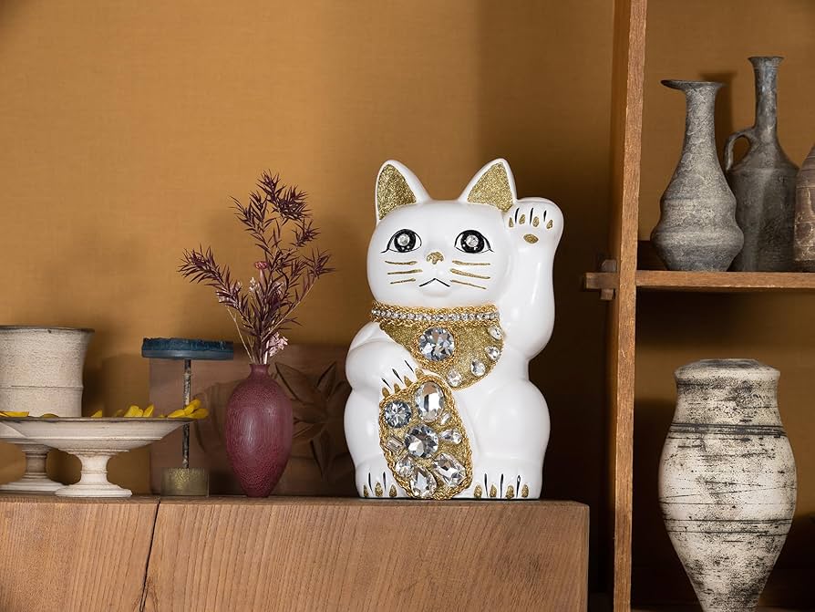 Amazon.co.jp: ご縁猫 ジュエリーキャット(L-SIZE 白 White）左手あげ
