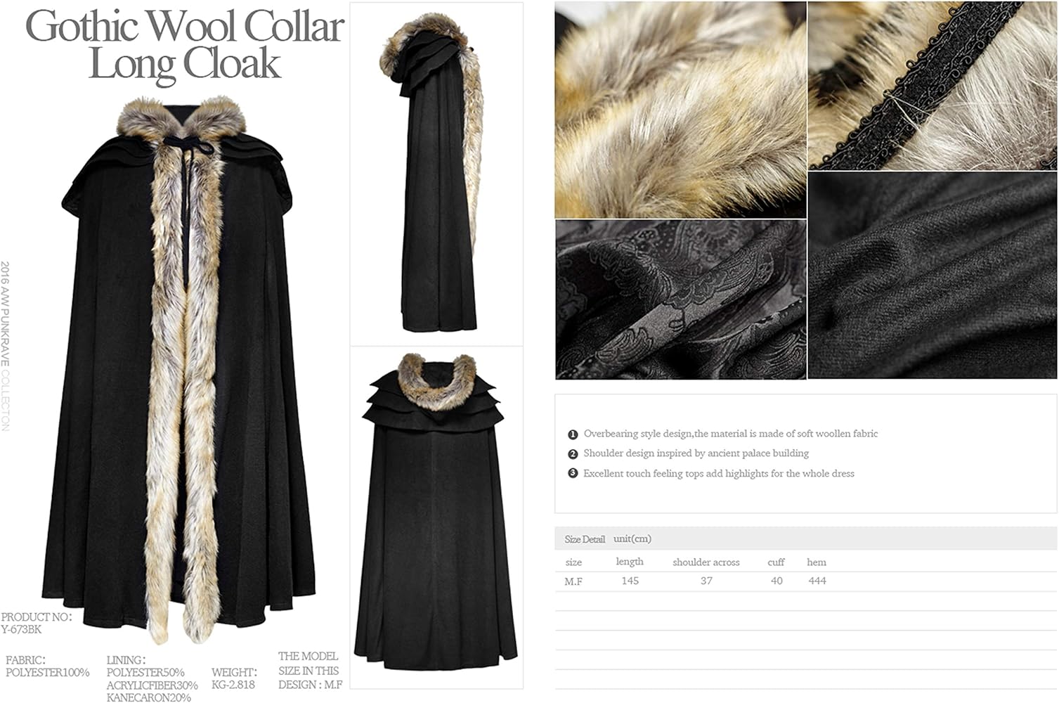 Punk Rave Black Winter Warm Gothic Wool Faux Fur Collar Long Cape