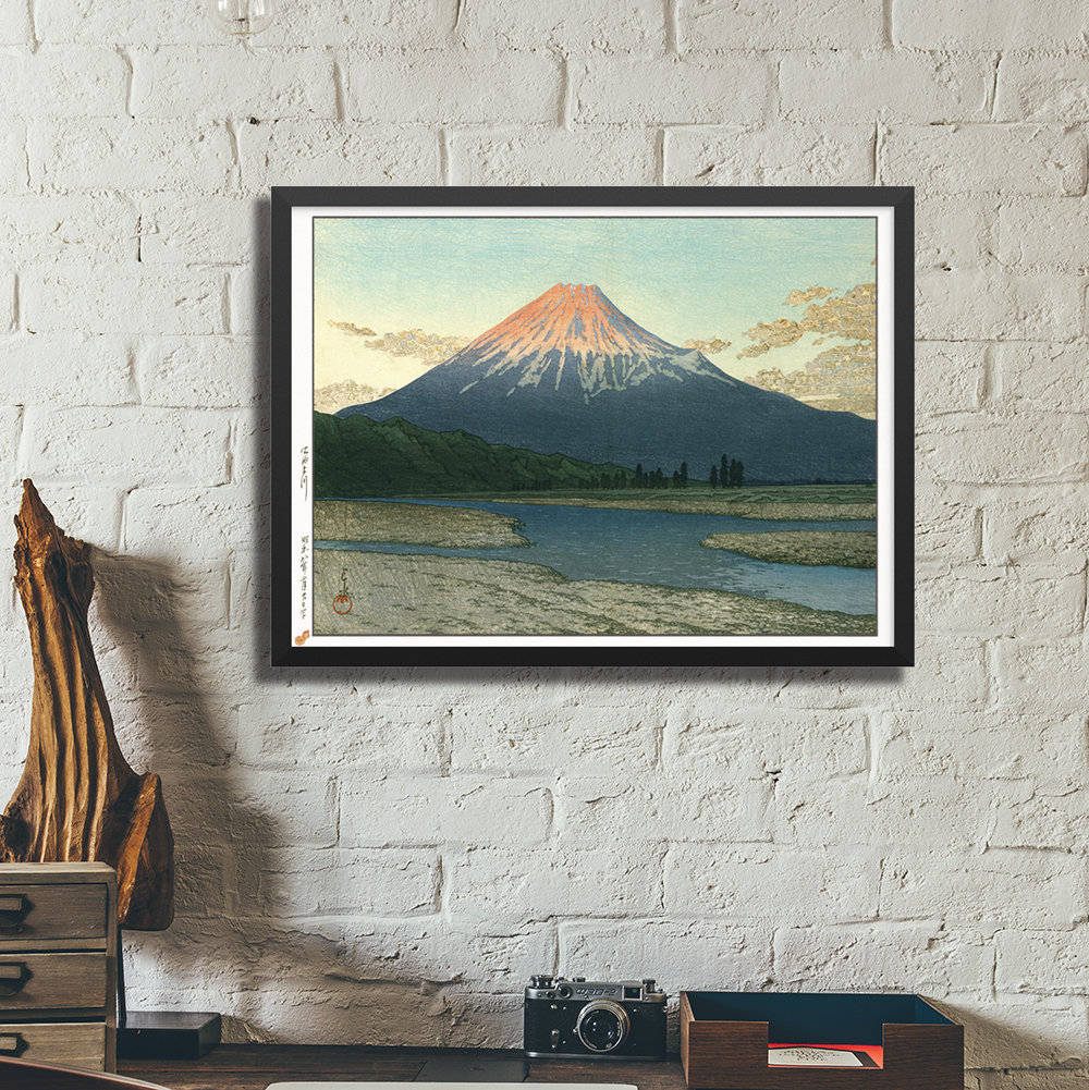 Amazon.co.jp: 「富士川の夕」額装 川瀬巴水 木版画複製 フレーム付き