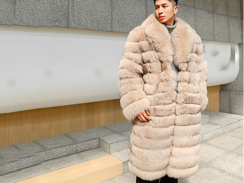 Denny&Dora Men's Fox Fur Coat - Long Style Fox Fur Jacket Apricot