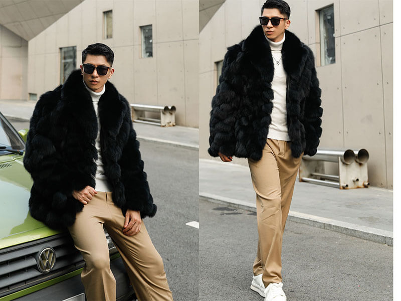 Denny&Dora Men's Fox Fur Black Jacket - Winter Warm Fur Trench
