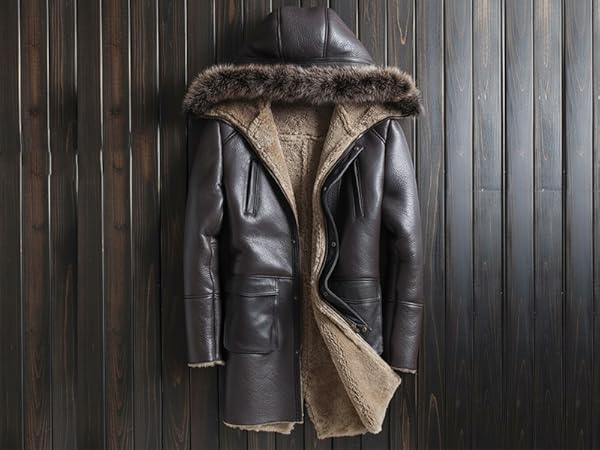 Denny&Dora Mens Sheepskin Shearling Jacket Raccoon Fur Collar Fur