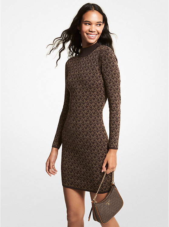 Logo Jacquard Mock Neck Sweater Dress in CHOCOLATE - Sale