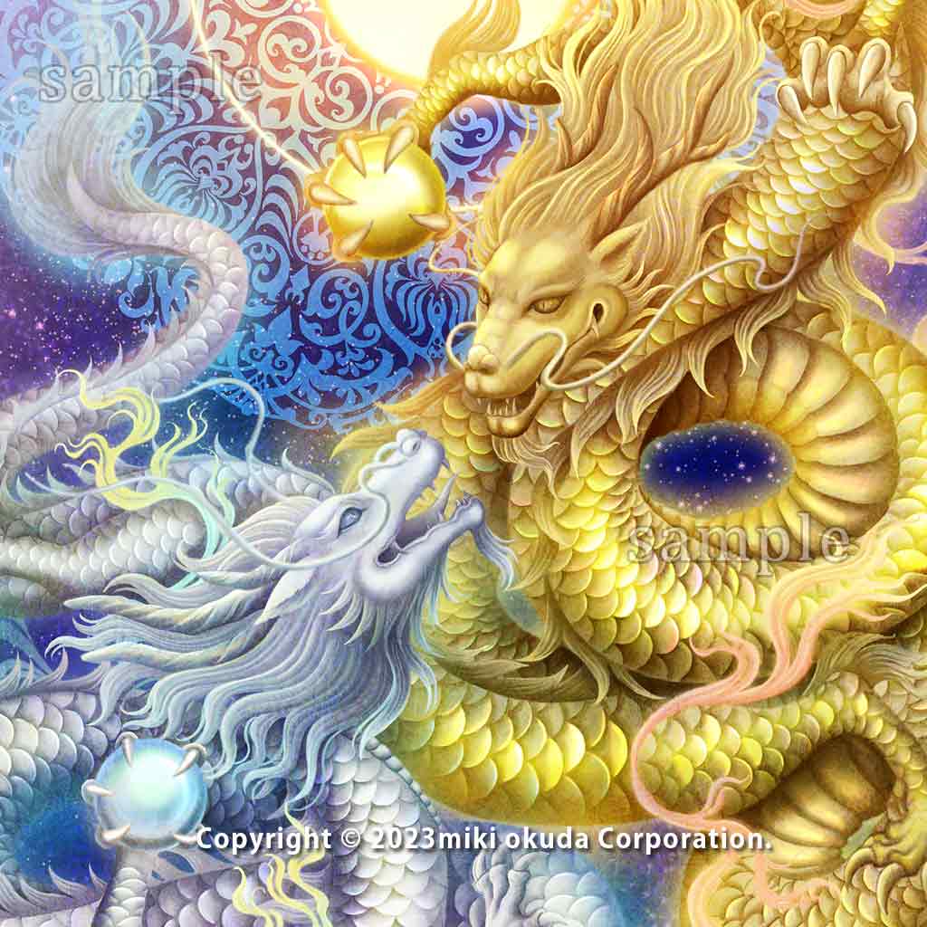 金龍・銀龍│魔を遠ざけ運気上昇│光の龍神アート│ジクレー版画│SS