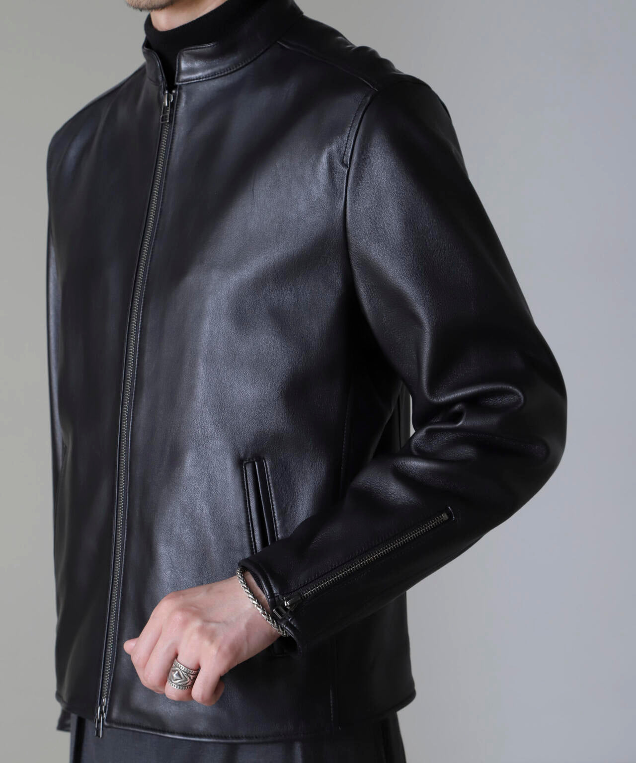 バンドカラーレザーシングルライダースジャケット | NANO universe