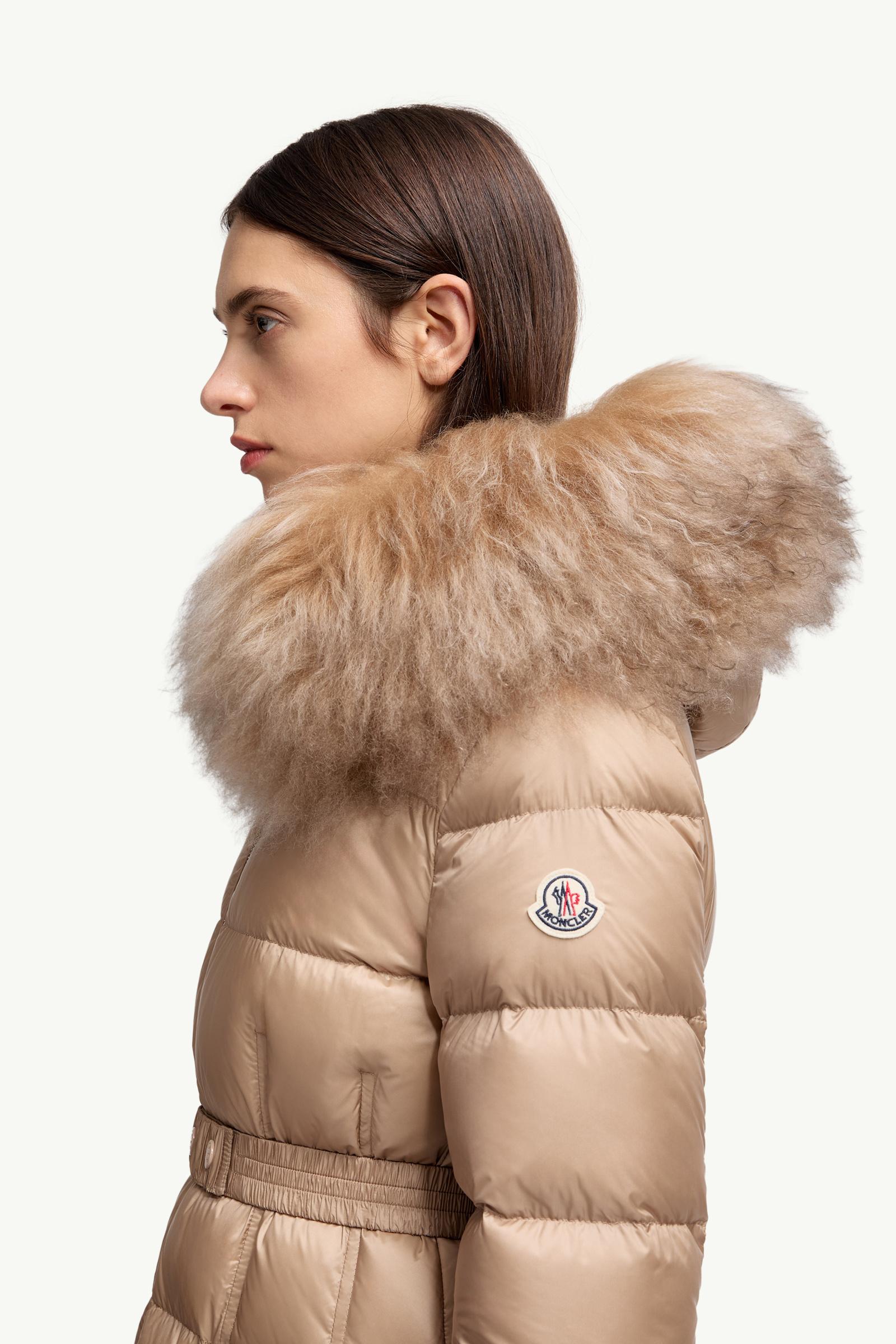 Camel Beige Boedic Hooded Shearling-Trimmed Long Down Jacket
