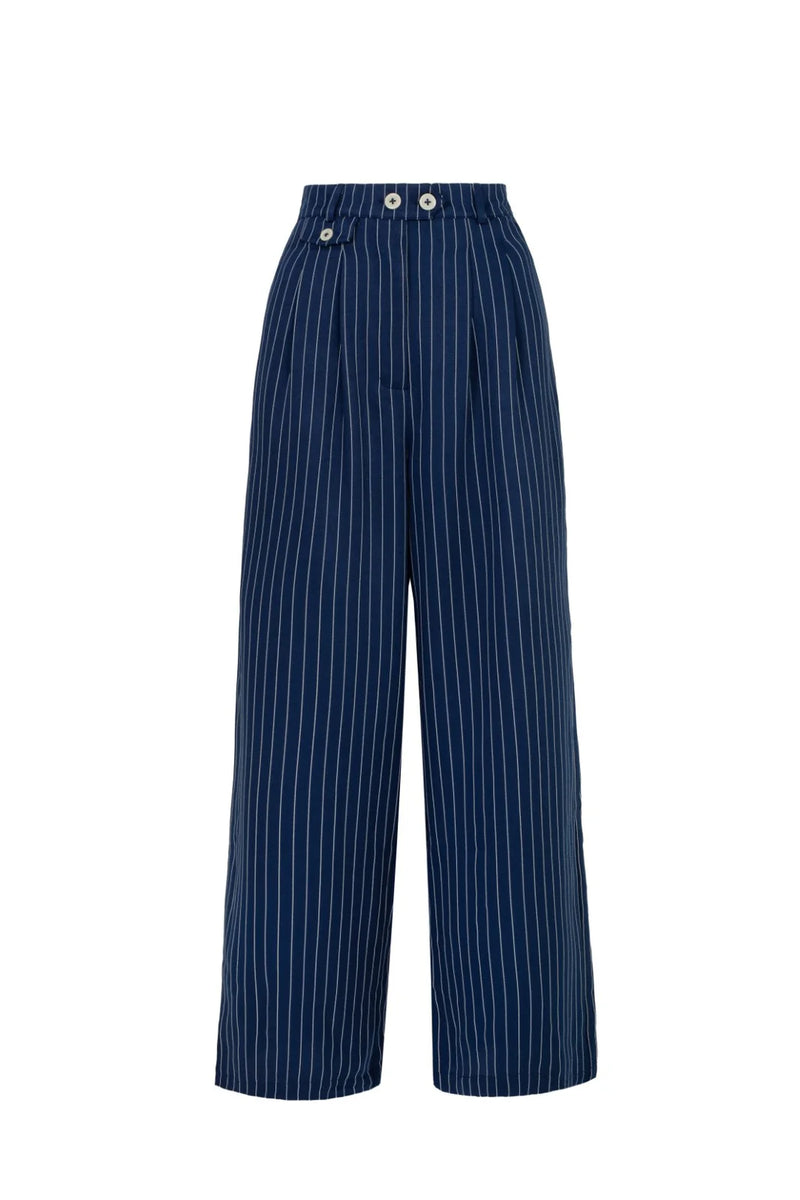 Navy Pinstripe Wide Leg Costello Pants by Hell Bunny – Modern Millie