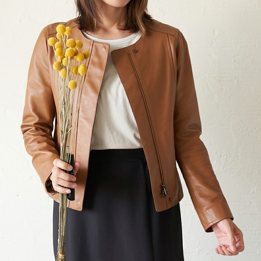 美品 ビアズリー BEARDSLEY ラムレザージャケット ノーカラー キャメル